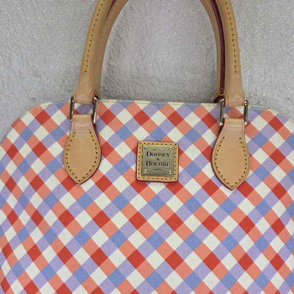 Dooney & Bourke Gingham Zip Satchel Red  Blue Leather Bag - Picture 2 of 16